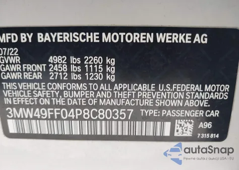 2023 BMW 3 Series M340I xDrive from USA, damaged, VIN 3MW49FF04P8C80357